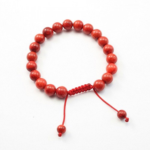 Coral bead bracelet round 8mm - Adjustable macramé x 1pc
