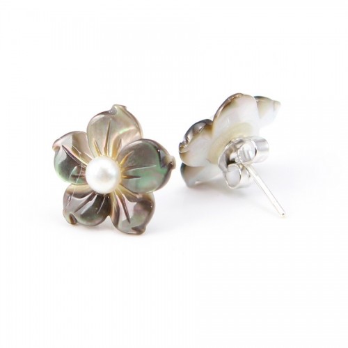 Earrings : gray shell  flower  & silver 925 15mm x 2pcs 