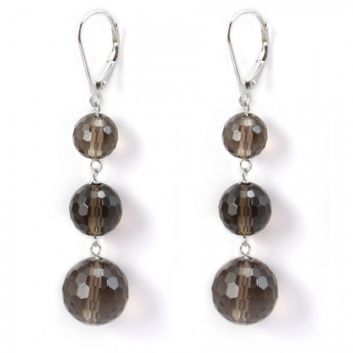Boucle d'oreille argent 925  quartz fume 3 boules x 2pcs  