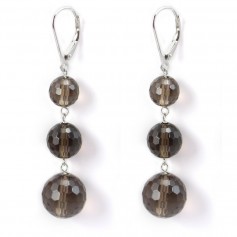 Boucles d'oreilles argent 925  quartz fume 3 boules x 2pcs  