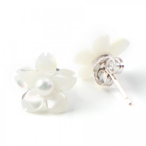 Boucle d'oreille argent 925 nacre blanc en fleur 12mm x 2pcs 