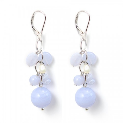 Boucle d'oreille calcedoine & perles d'eau douce dormeuse x 2pcs