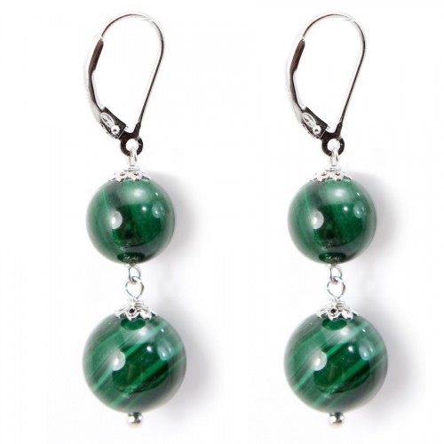 Boucle d'oreille argent 925 2 Boule Malachite x 2pcs