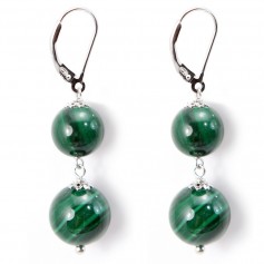 Boucle d'oreille argent 925 2 Boule Malachite x 2 st