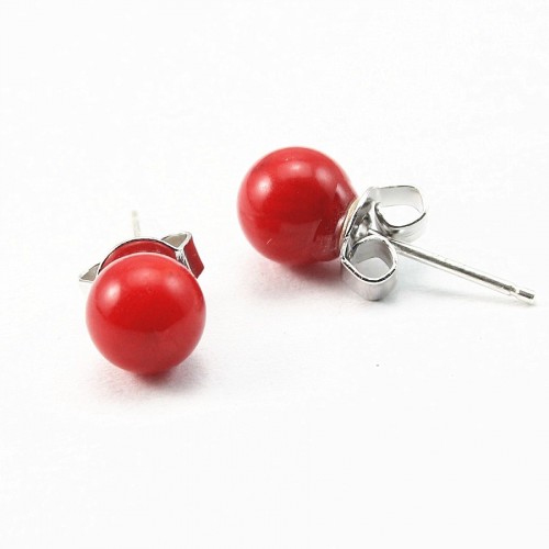 Boucles d'oreilles :  bambou de mer teinté rouge & argent 925 6mm x 2pcs 
