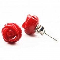 Boucle d'oreille argent 925  Fleur En Bamboo Mer Teinte Rouge 9mm x 2pcs 
