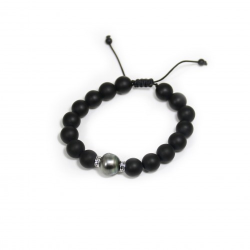 Armband Tahiti-Zuchtpfearl & mattes schwarzes Onyx 10mm - Verstellbares Makramee x 1 Stk.