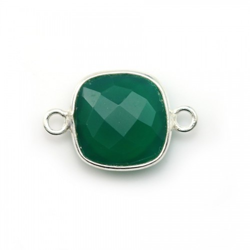 Agate verte en coussin facetté 2 anneaux sertie sur argent 925 11mm x 1pc