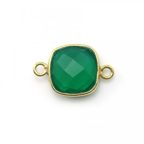 Faceted cushion cut green agate with 2 rings set in gold-plated silver 11mm x 1pc
