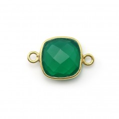 Agate verte coussin facetté 2 anneaux sertie sur argent 925 doré à l'or fin 11mm x 1pc