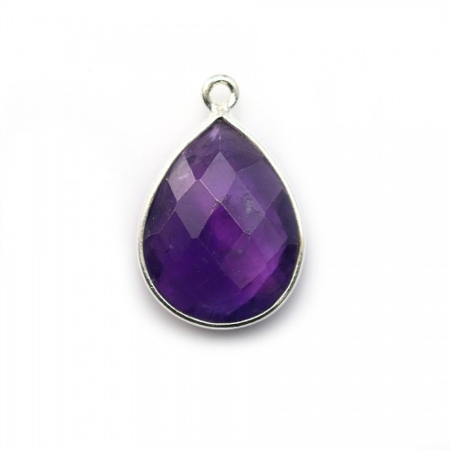 Faceted drop-shape amethyst set in sterling silver 13x17mm x 1pc
