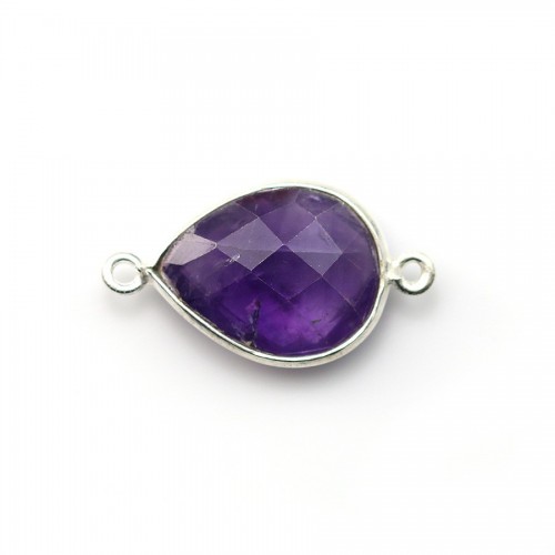 Faceted drop-shape amethyst set in sterling silver with 2 rings 13x17mm x1pc