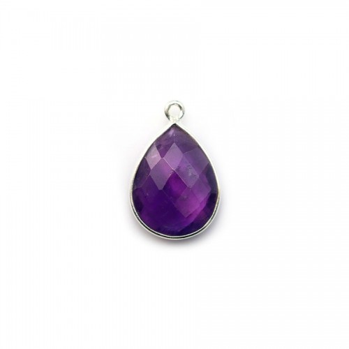 Faceted drop-shape amethyst set in silver 11x15mm, 1 ring x 1pc