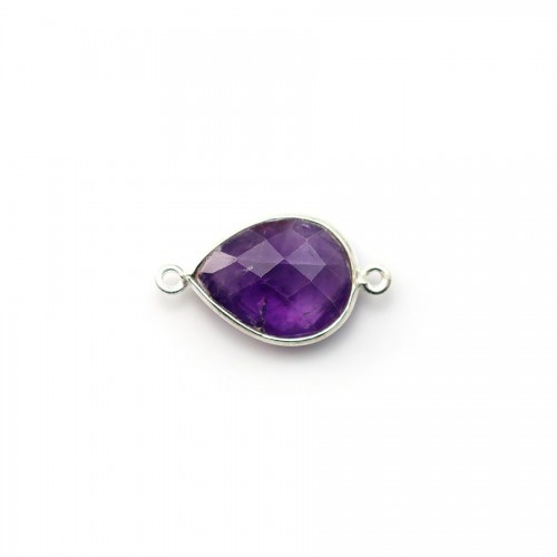 Faceted drop-shape amethyst set in silver with 2 rings 11x15mm x1pc