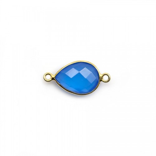 Calcédoine bleu goutte facettée sertie sur argent 925 doré à l'or fin 2 anneaux 11x15mm x 1pc
