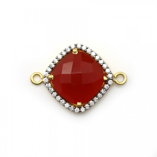 Faceted rhombus carnelian set in gold-plated silver  with zirconium 15mm x 1pc