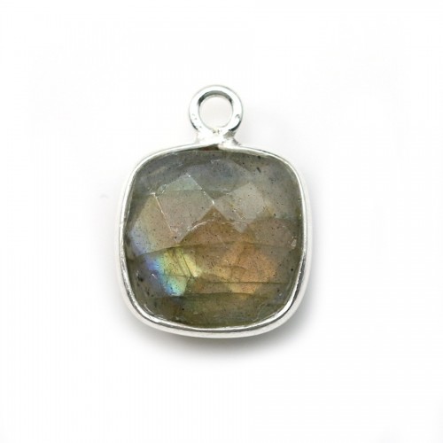 Faceted cushion cut labradorite set in silver 11mm x 1pc