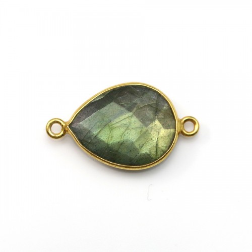 Labradorite goutte facette sertie sur argent doré 2 anneaux 13x17mm x 1pc