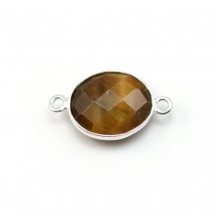 Oeil de tigre de forme ovale, 2 anneaux, sertie sur argent, 11x13mm x 1pc