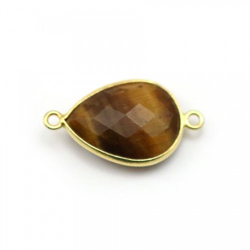 Oeil de tigre, goutte 2 anneaux serti sur argent doré, 13x17mm x 1pc