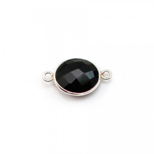 Agate in black color, in oval shape, 2 rings set in silver, 9x11mm x 1pc