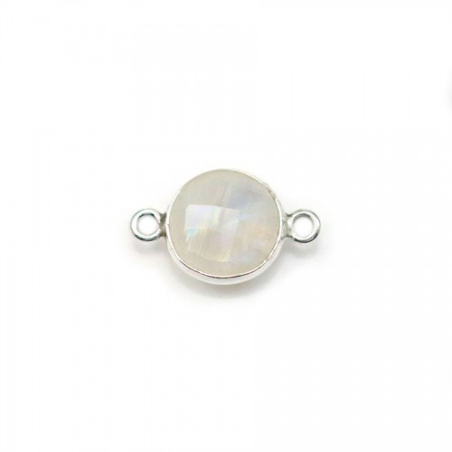 Pierre de lune ronde, 2 anneaux, sertie sur argent, 9mm x 1pc
