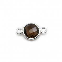 Quartz fumé rond facette sertie sur argent 2 anneaux 9mm x 1pc