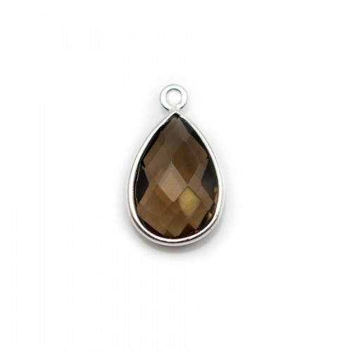 Gota facetada de quartzo fumado em prata de lei 925 11x15mm x 1 unidade