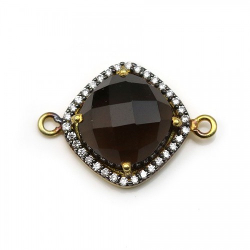 Faceted rhombus smoky quartz set in gold-plated silver with zirconium 15mm x 1pcc