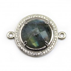Intercalaire en labradorite sertie en métal & zirconium, de forme ronde, 22mm x 1pc