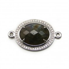 Intercalaire en labradorite sertie métal & zirconium, de forme ovale, 20x25mm x 1pc