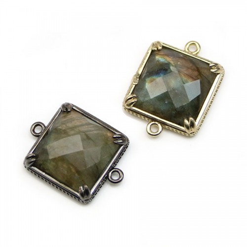 Intercalaire en labradorite sertie en métal, de forme carré, 21mm x 1pc