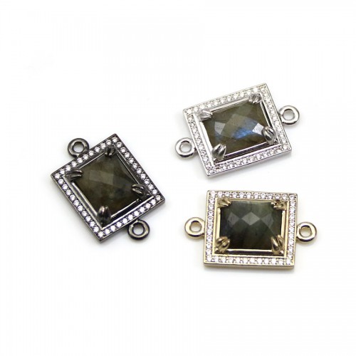 Intercalaire en labradorite sertie en métal & zirconium, rectangulaire, 16x18mm x 1pc