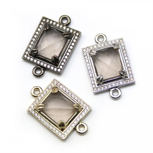 Spacer in smoked quartz, set on metal & zirconium, in rectangular shape, 16x18mm x 1pc