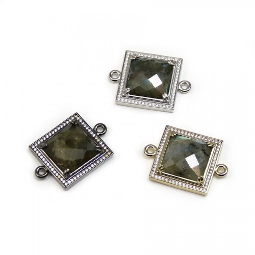 Intercalaire en labradorite sertie en métal & zirconium, de forme carré, 25mm x 1pc