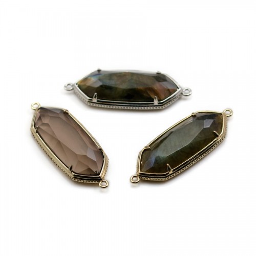 Calcédoine rhombe sertie en argent doré  avec zirconium 15mm x 1pc