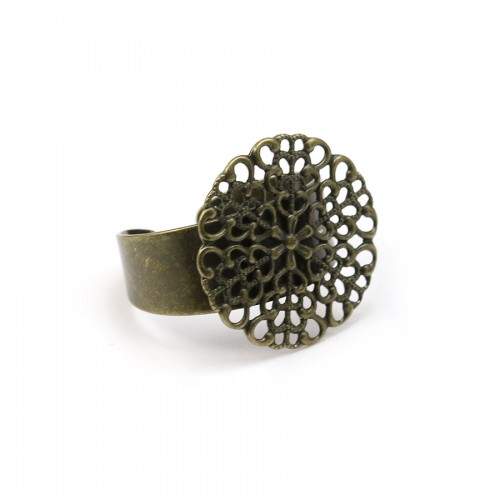 Adjustable ring, support flower print, bronze color, 19mm x 1pc