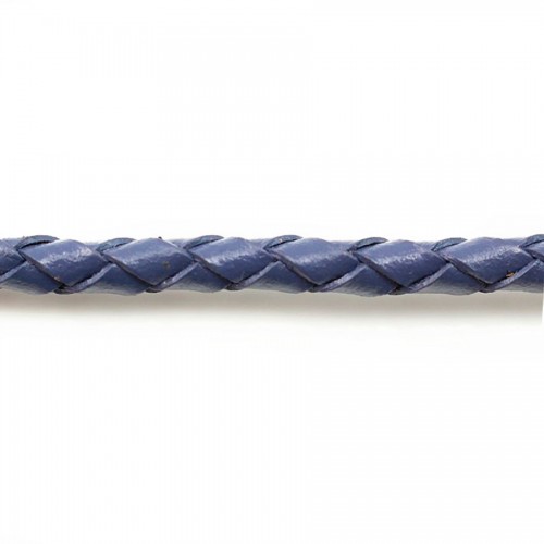 Cordon cuir tressé bleu guède 4.0mm x 50cm