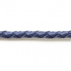 Cordon cuir tressé bleu guède 4.0mm x 50cm