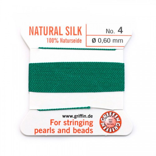 Silk bead cord 0.6mm with needle attached green x 2m