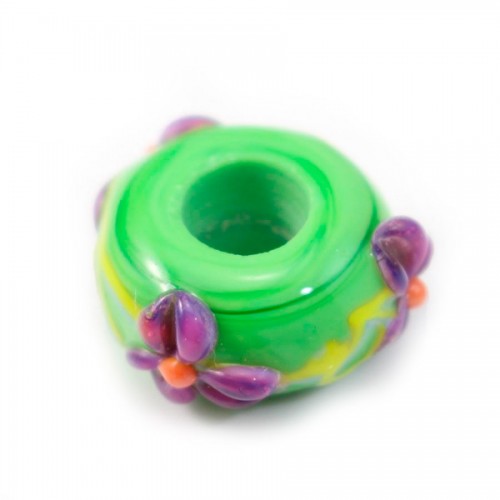 Pandora verre fleur vert&mauve&jaune x 1pc