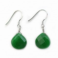 Earrings : jade tinted red flat teardrop & silver 925 rhodium 13.5x18.5mm x 2pcs