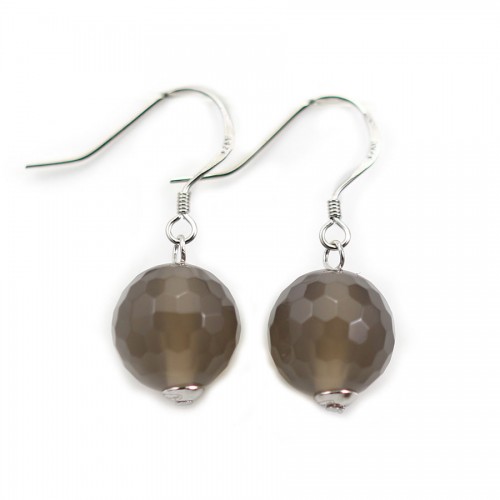Boucles d’oreilles en argent 925 et agate grise, ronde facetté, 12mm x 2pcs