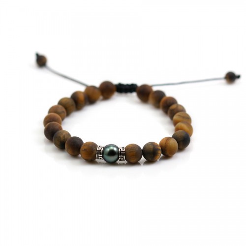Bracelet Oeil de tigre matte & perle de culture de tahiti x 1pc