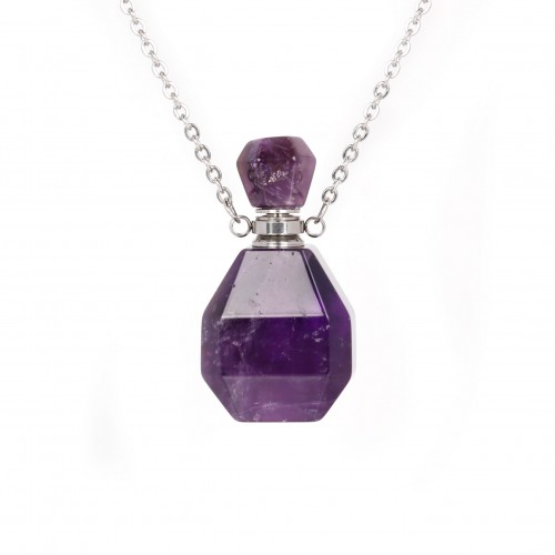 Stainless steel necklace with Amethyst perfume bottle pendant