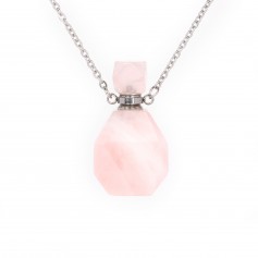 Collier en acier inox argenté avec un flacon de parfum pendentif en Quartz rose