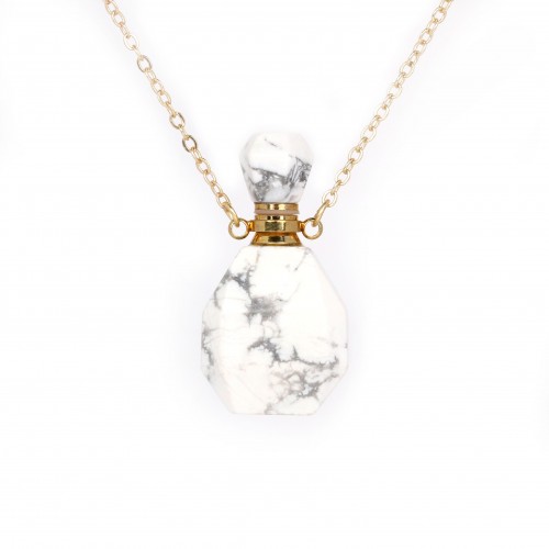 Gold flash plated on brass necklace with perfume bottle pendant in Howlite