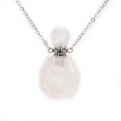 Collier en acier inox argenté avec un flacon de parfum pendentif en Cristal de roche