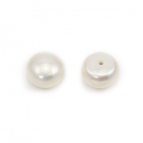 Freshwater cultured pearls, half-perforated, white, button, 9-9.5mm x 2pcs