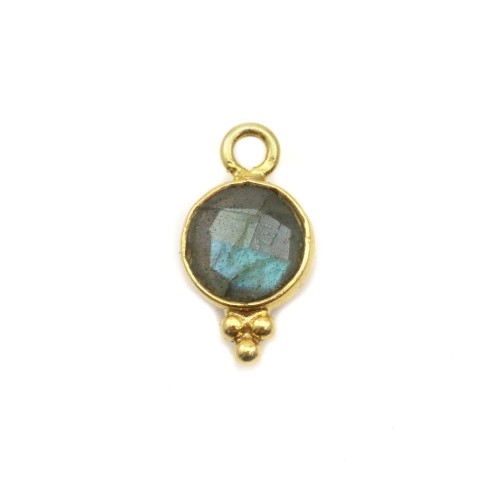 Breloque en Labradorite ronde facettée serti argent 925 doré à l'or fin 7x13mm x 1pc
